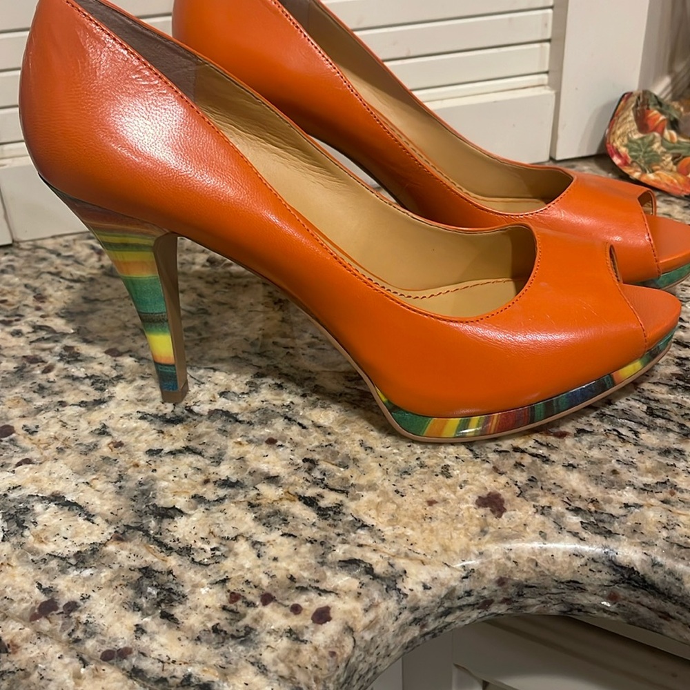 nine west orange heels with rainbow on bottom
